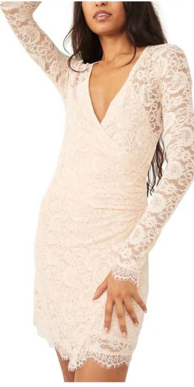 Free People Pearl Lace Long Sleeve Mini Dress in Champagne Toast